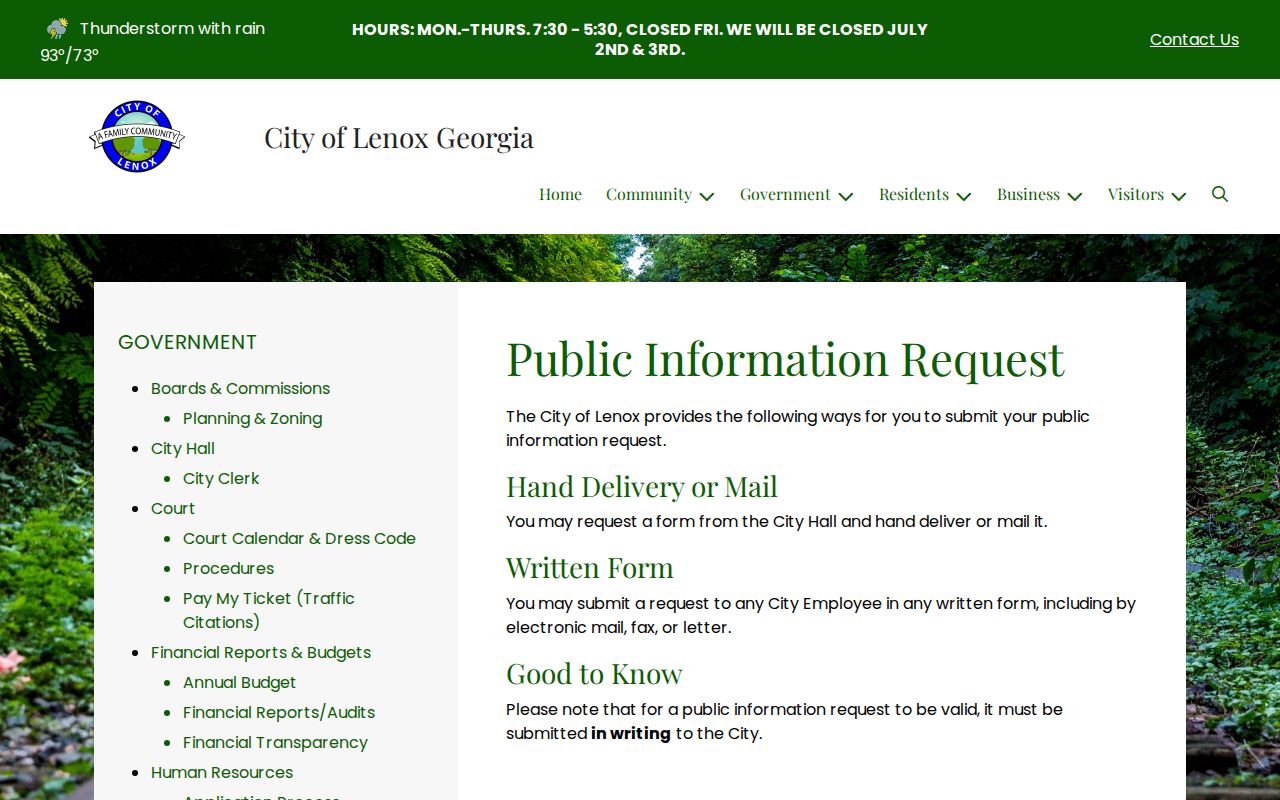Official Lenox public information request instructions for written city records requests